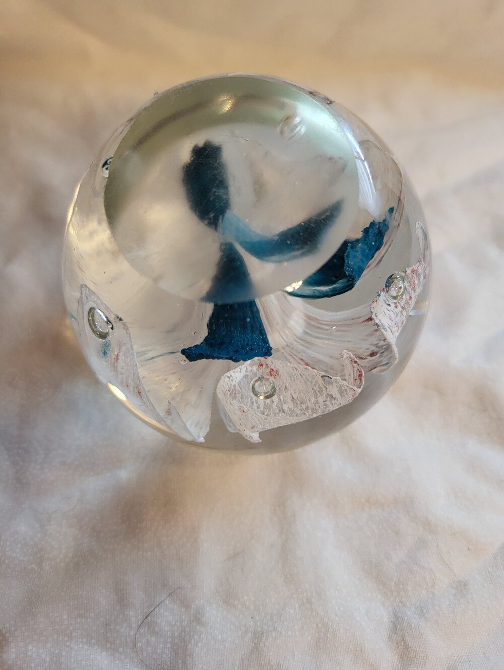 Handblown Glass Art 3 x 3 In. Sphere with White and Teal Floral Core Paperweight - Picture 8 of 10